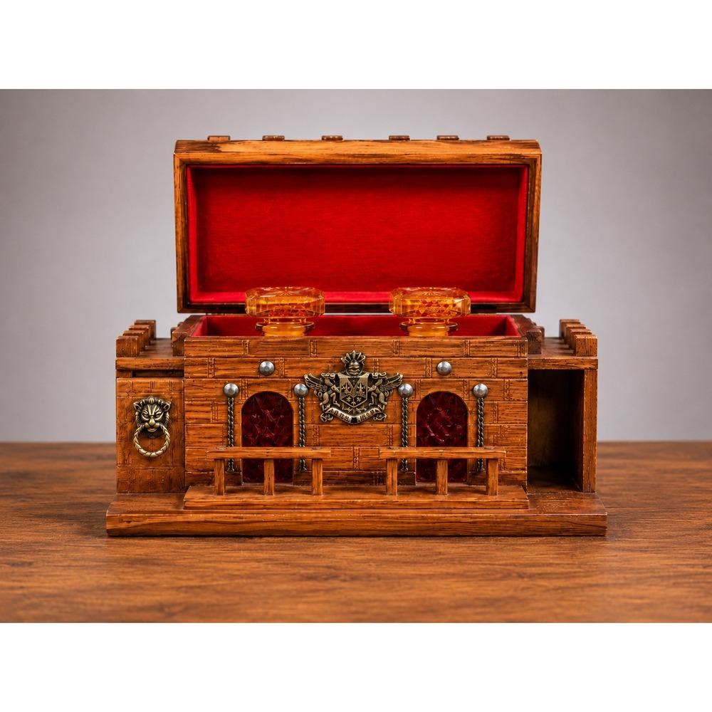 Vintage S. Sper Bijou Wooden Castle Decanter Set Amber Glass Japan Mid-Century